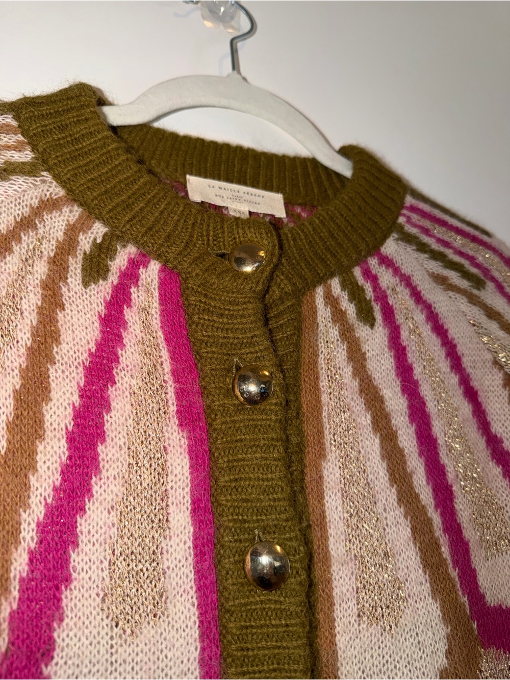 Sézane Hamel Khaki Knit Cardigan alpaca jacquard knit cardigan 0 green pink - Picture 4 of 10